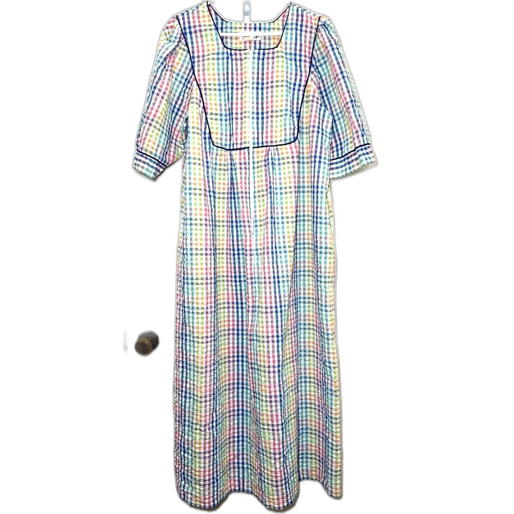 Saybury Rainbow Gingham Seersucker House Dress L Zip Front Lounge Duster 50”